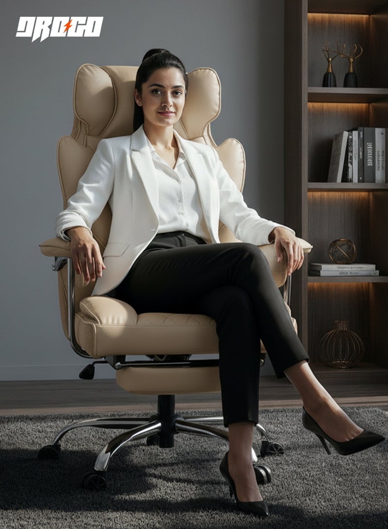 دراجو كرسي مكتب منزلي كبير الحجم وطويل القامة مع مسند للقدمين، مصنوع من الجلد الصناعي، مزود بدعم قطني بنوابض جيبية | كرسي مكتب دوار مريح بتصميم هندسي | كرسي ألعاب كمبيوتر مريح مع مسند للذراعين | كرسي استرخاء بيج اللون قابل لتعديل الارتفاع مع ظهر مرتفع - Image 2